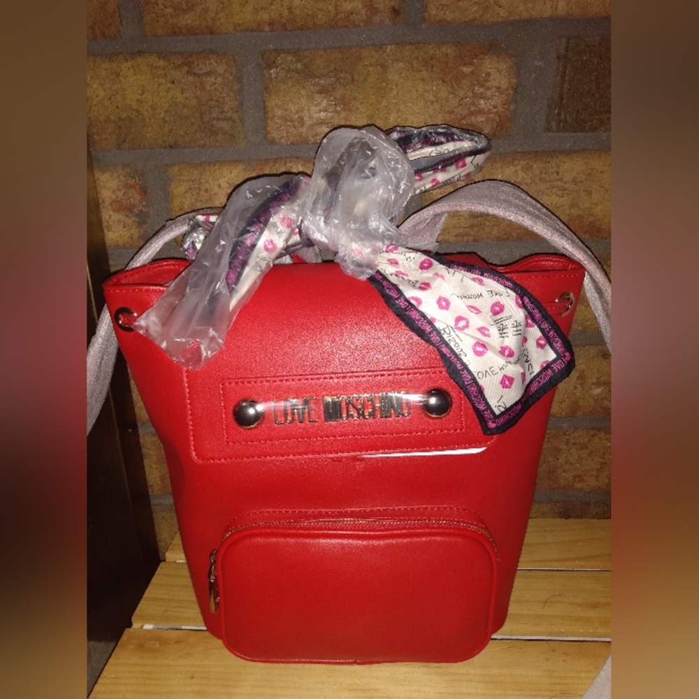 New With Tags Love Moschino Red Backpack Handbag with Scarf and Dust Bag.